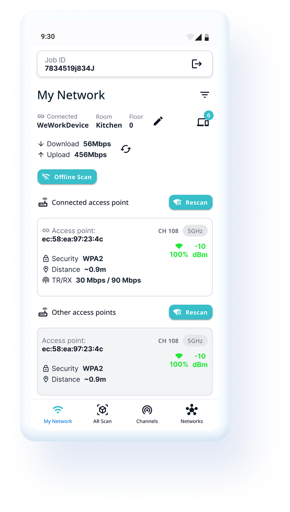 The technician app home screen: job ID at the top, the connected network with room and floor, download and upload speeds, an offline scan button, the connected access point with channel, band, security, distance and signal readings, other access points below, and a tab bar for My Network, AR Scan, Channels and Networks.